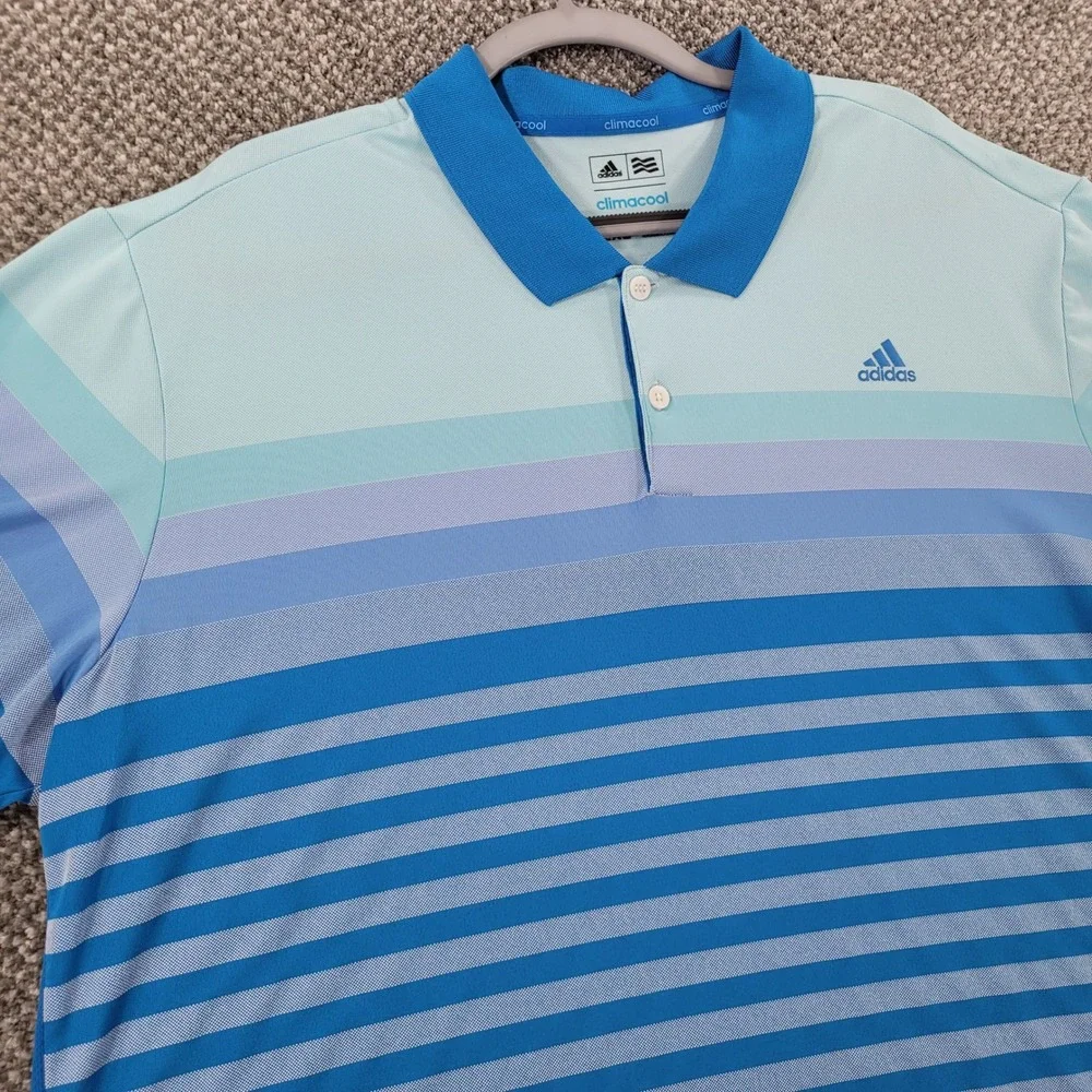Adidas Golf Climacool Mens 2XL Polo Shirt Blue Aqua Striped Performance Short Sl